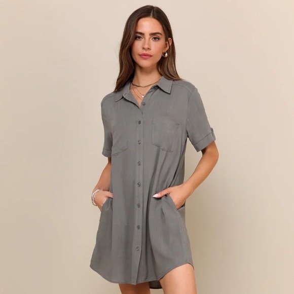 Lulus Oxford Comma Olive Green Shirt Dress- Size Small - Picture 1 of 11
